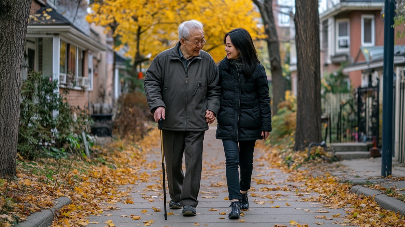 An elderly couple walking together outdoors