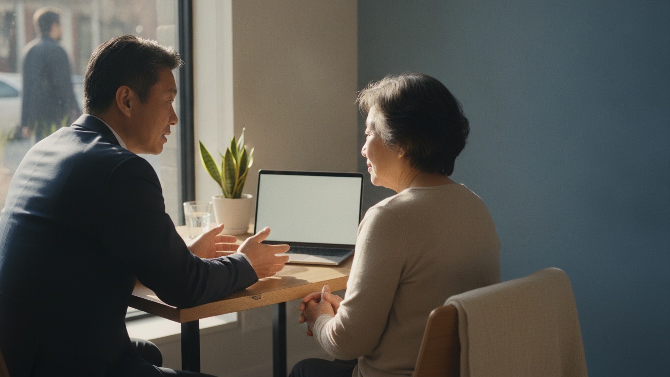 A care coordinator talking with an older woman across a table with a laptop between them