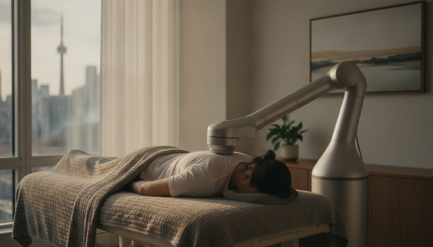 A person lies face down on a treatment table while a robotic wellness arm works across their upper back, with the Toronto skyline through the window