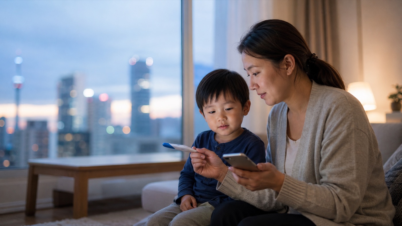 A mother checks a digital thermometer and her phone while her young son sits beside her, with the Toronto evening skyline outside the window