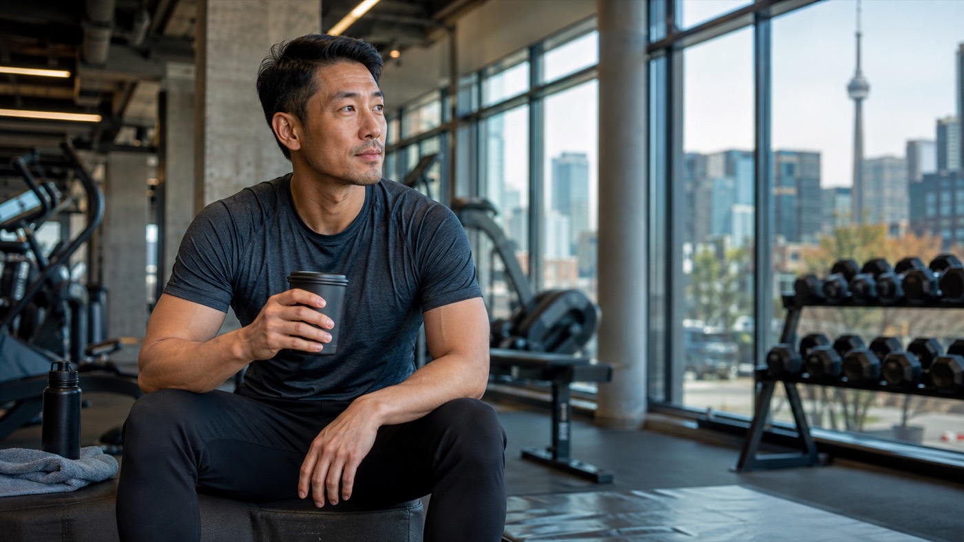 A man in workout clothes sits on a bench in a gym holding a coffee cup, with the Toronto skyline through the window behind him
