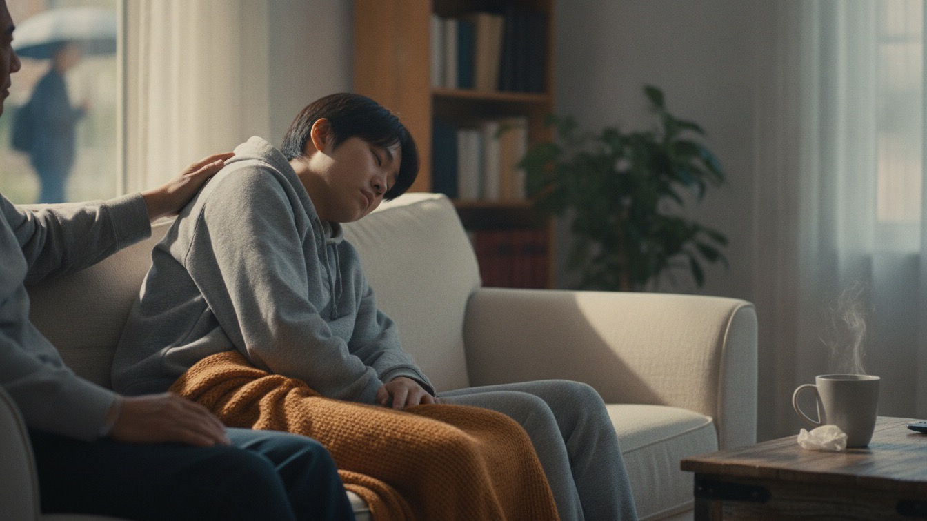 A person resting under a blanket on a sofa while someone sits beside them with a hand on their shoulder