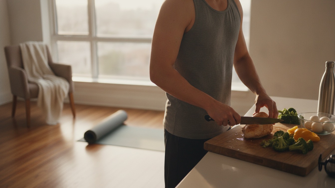 A person slicing cooked chicken breast beside broccoli and peppers, with a yoga mat in the background