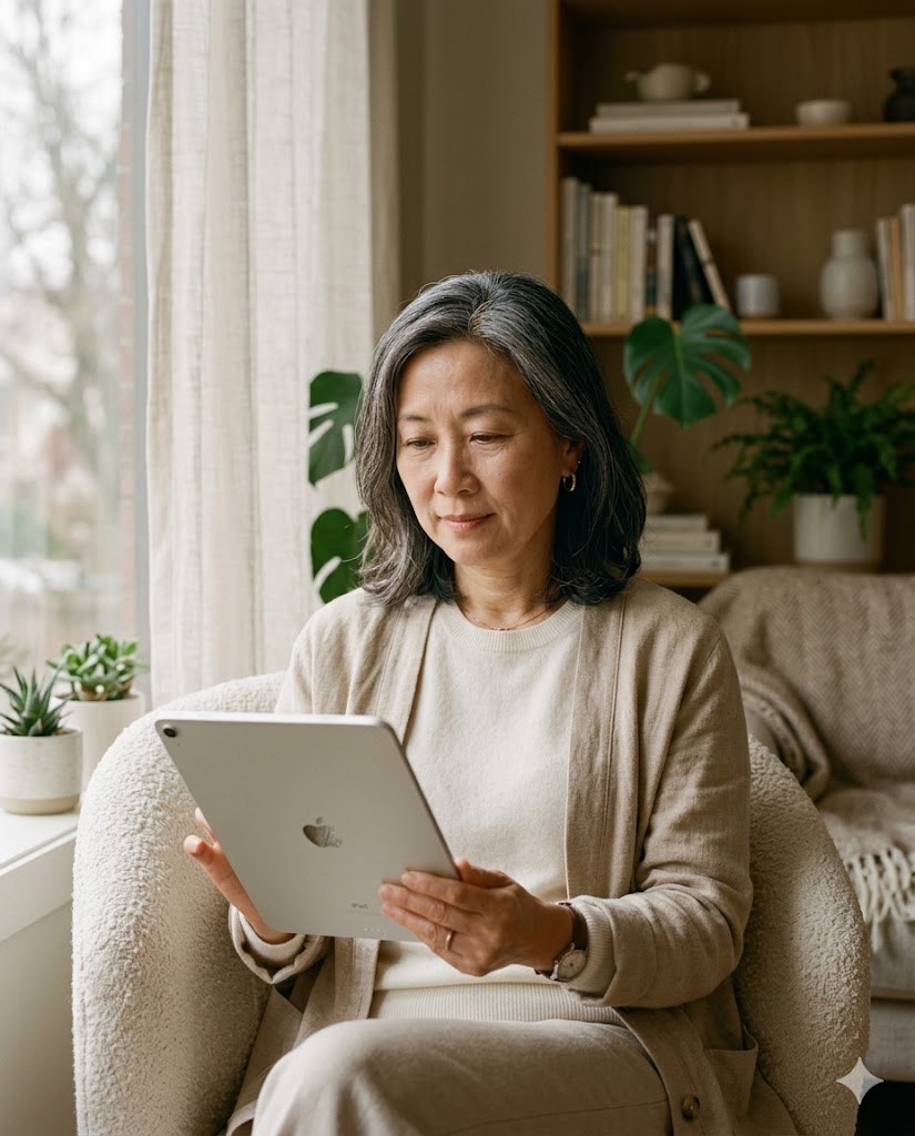 A Chinese-Canadian woman in her 50s reviewing her health results on a tablet at home.