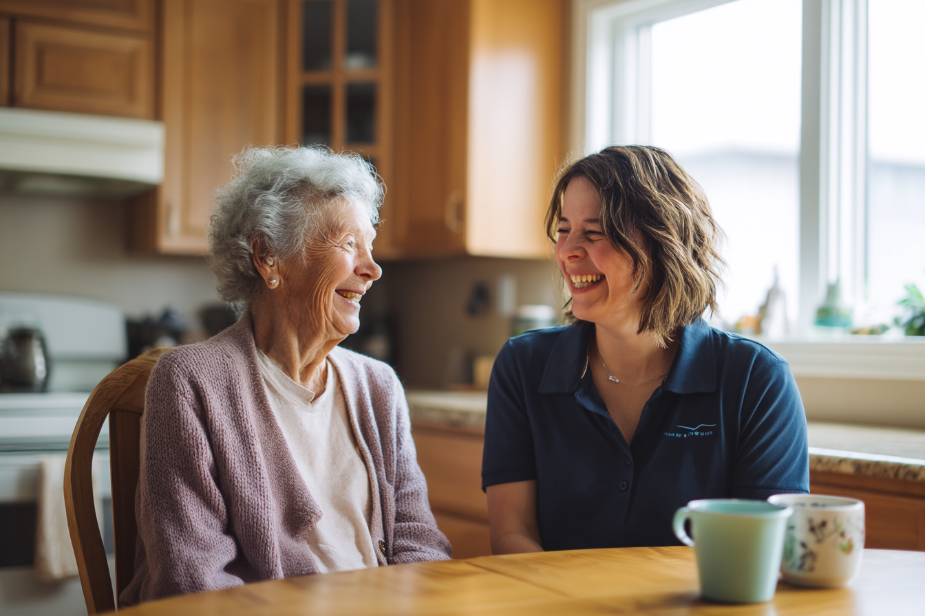 Caregiver and senior in kitchen