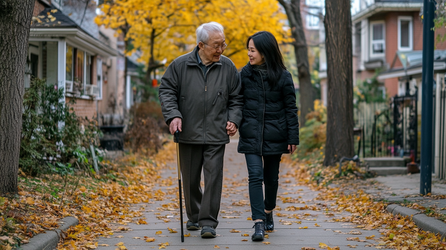 Caregiver and elderly person walking together in a garden