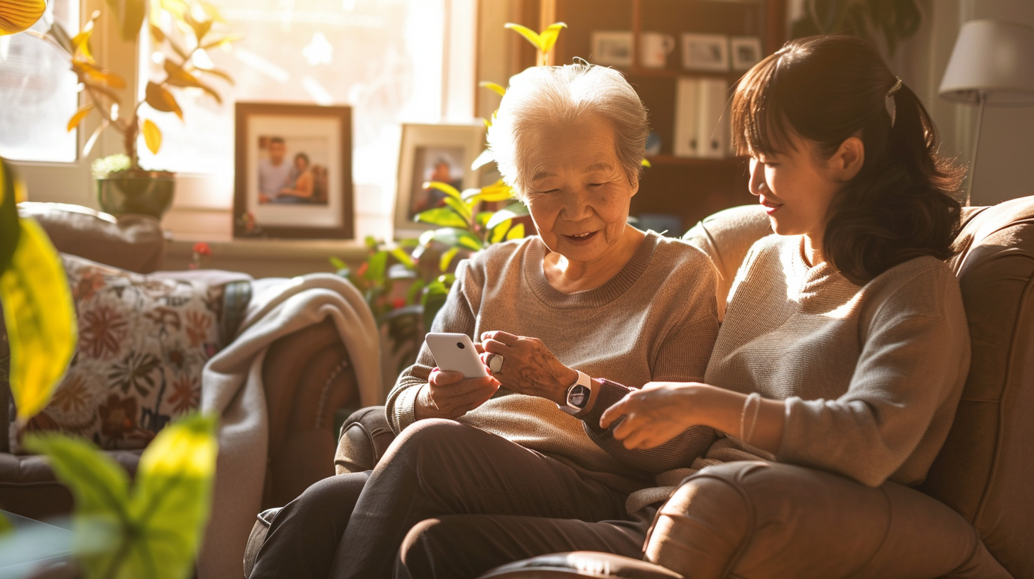 Elderly mother and daughter looking at phone together