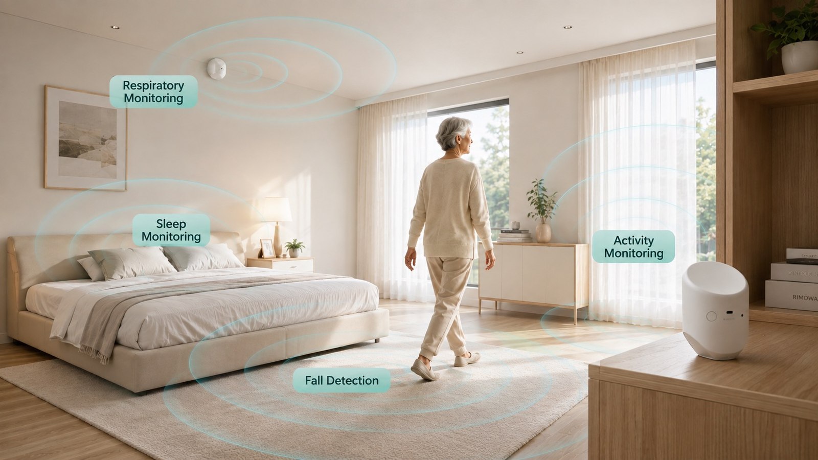 Bedroom with contactless radar monitoring zones