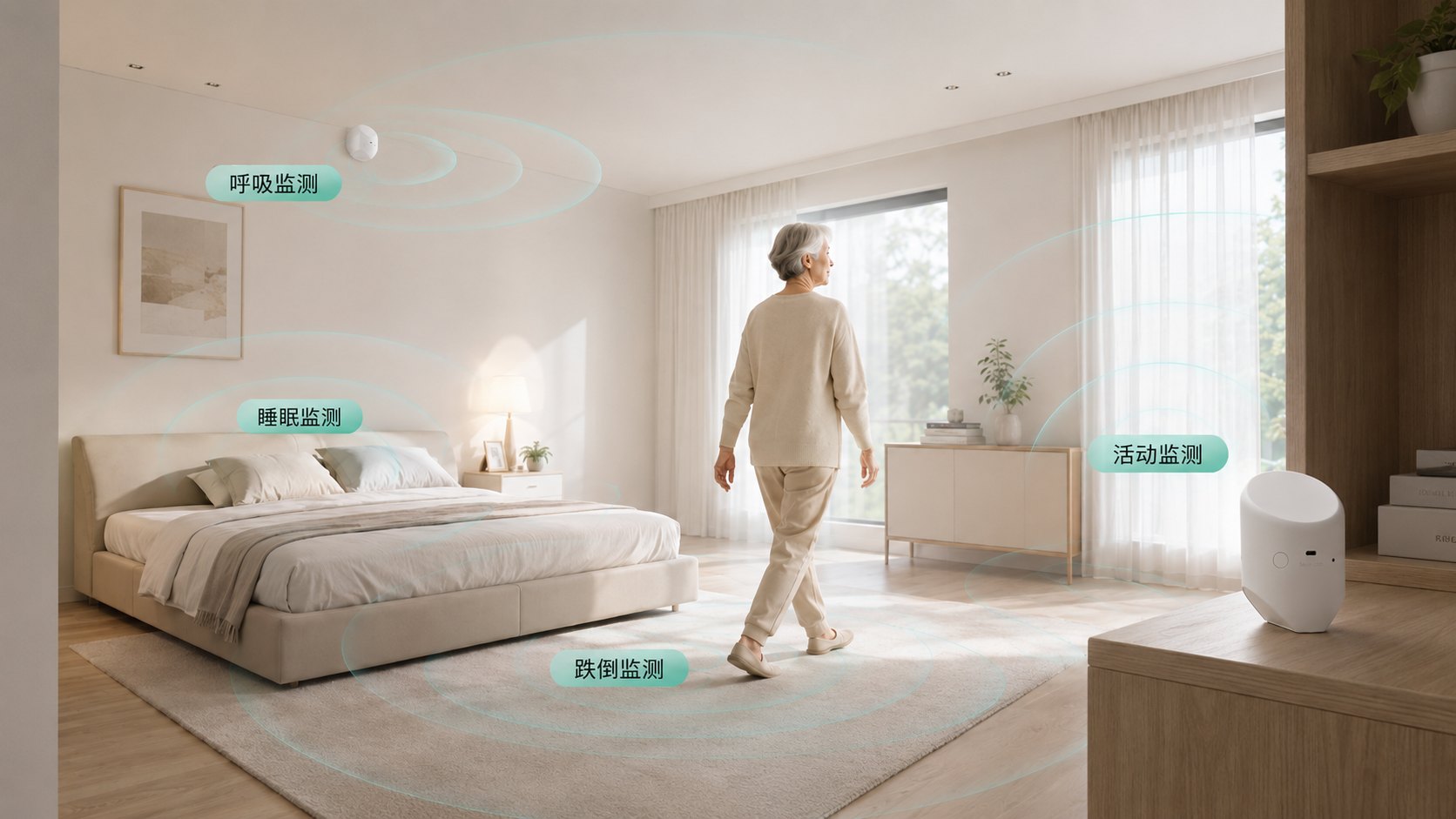 Bedroom with contactless radar monitoring zones