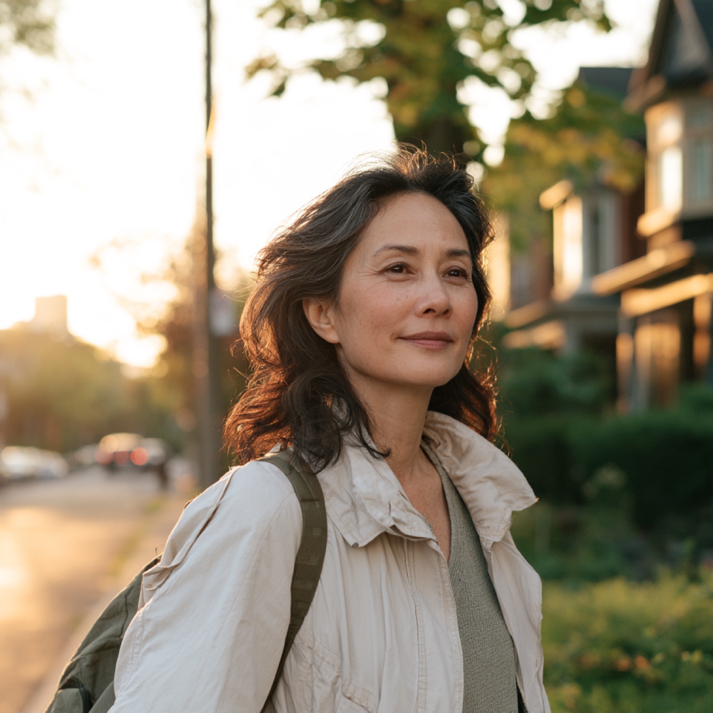 Woman on a morning walk in a leafy Toronto neighbourhood
