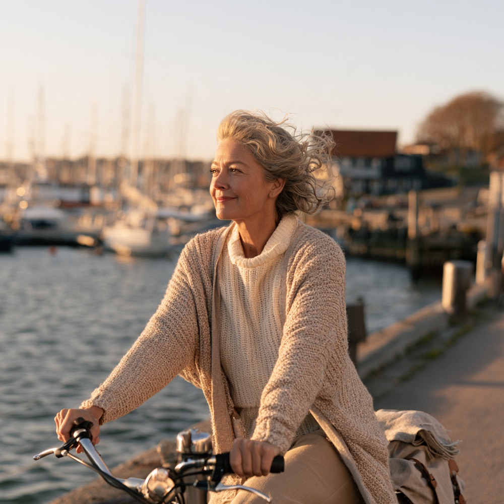 Woman riding a bicycle slowly along a waterfront in evening light