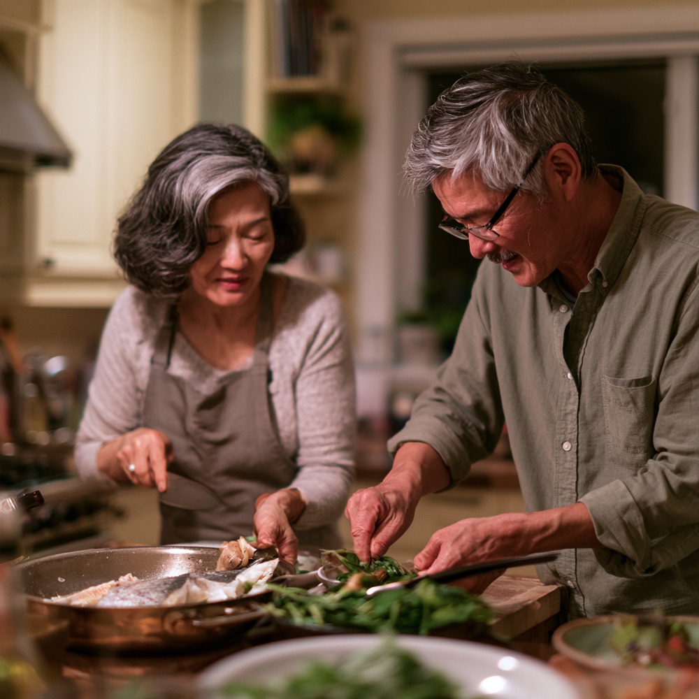 Couple cooking a light home-style dinner together