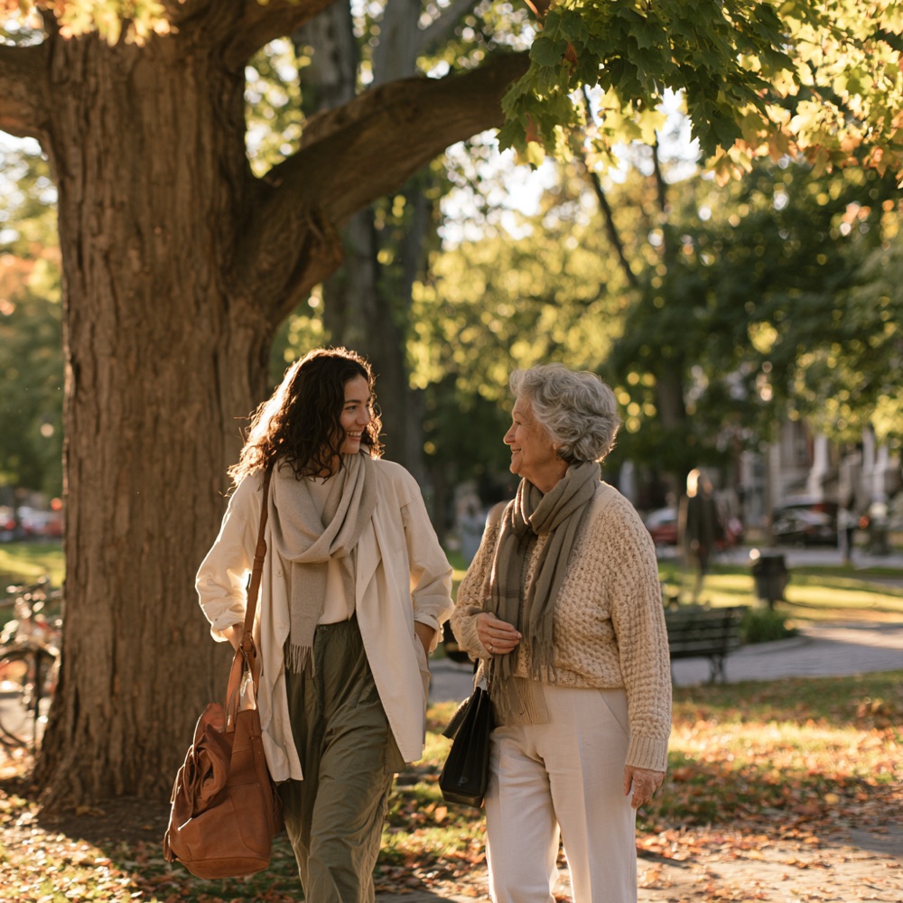 Adult daughter and her mother walking together in a park