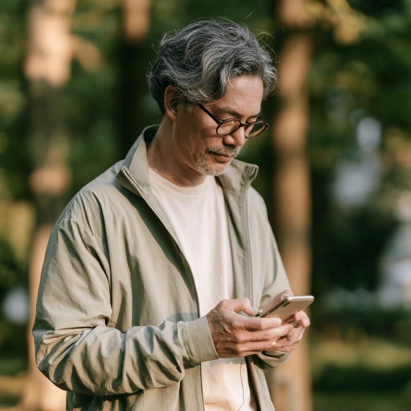 Man checking his phone outdoors in a park