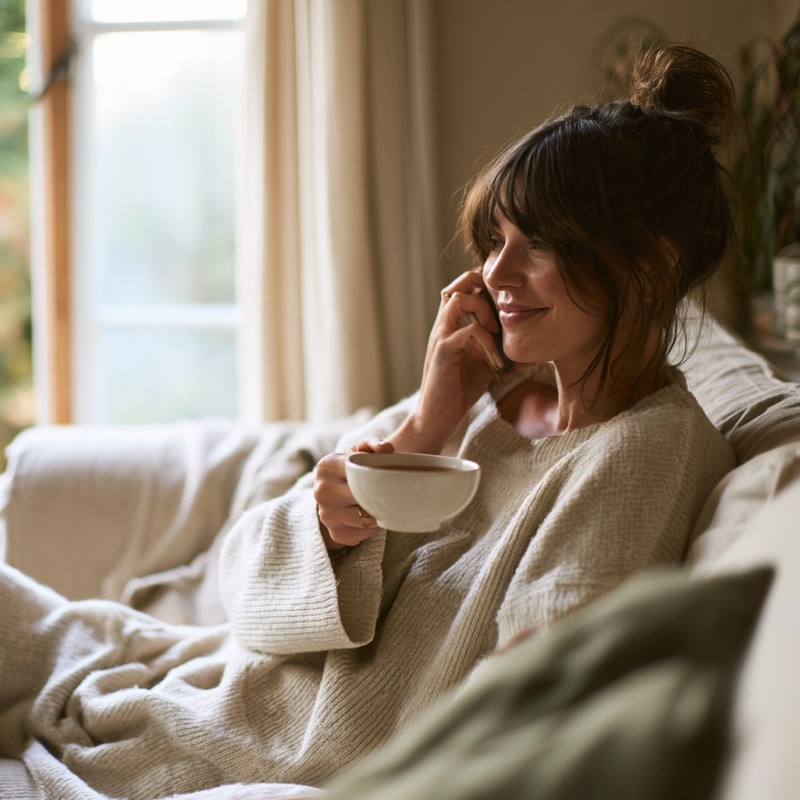 Woman relaxing on her sofa taking a phone call