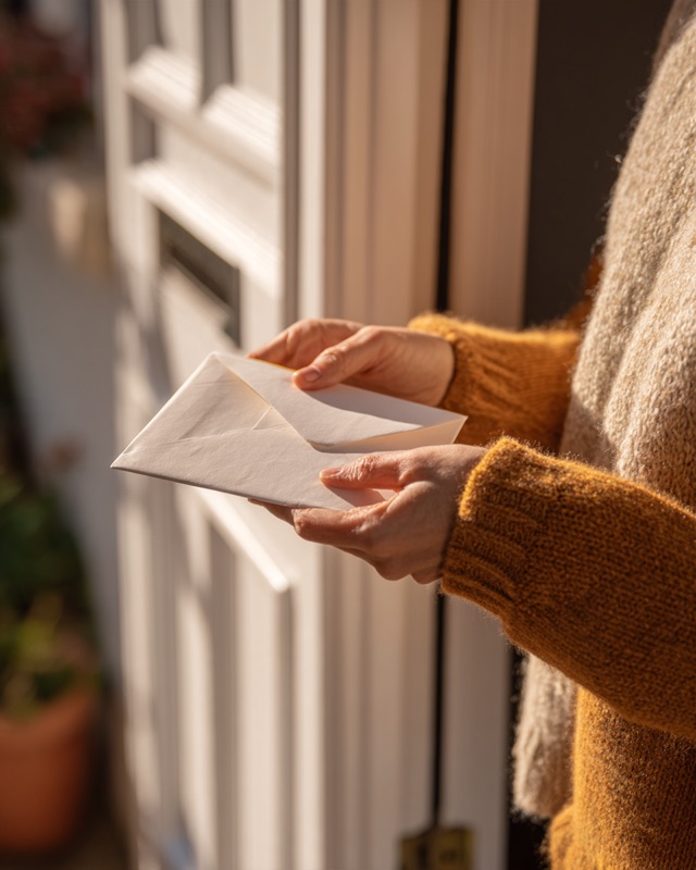 Hands receiving a discreet delivery at a front door