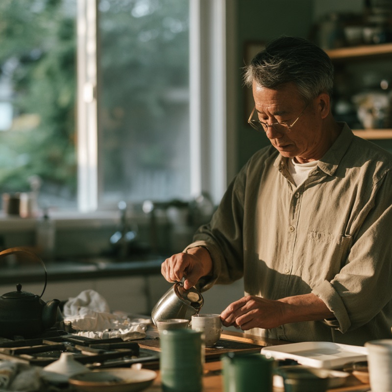 Man making tea at home in the morning